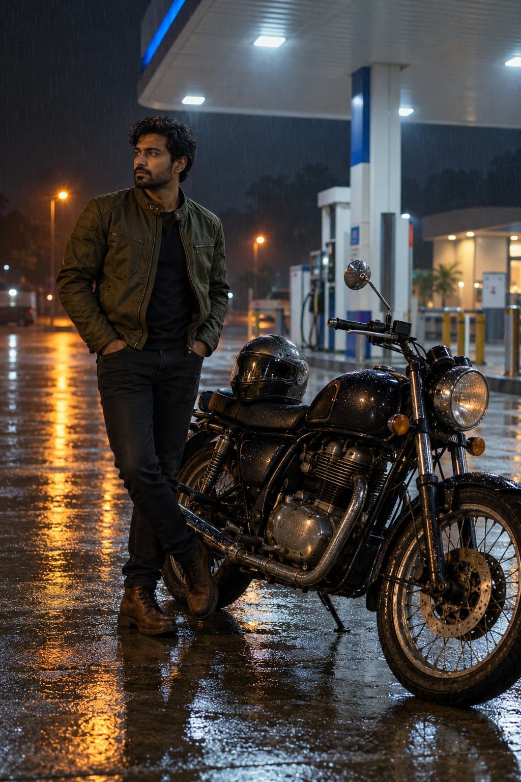 Example result for Gemini Petrol Pump Royal Enfield Photo Prompt