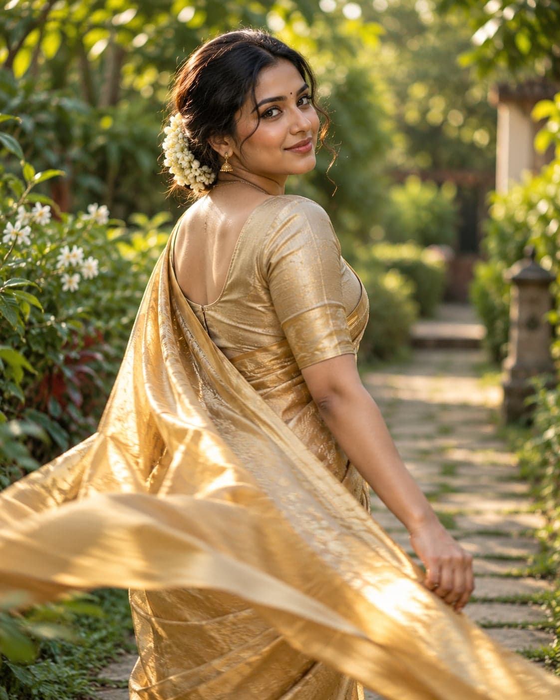 Example result generated with the “Gemini Golden Saree Motion Blur Photo Prompt” prompt