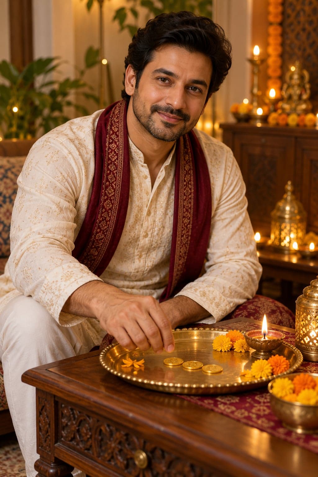 Example result generated with the “Gemini Dhanteras Gold Coin Puja Photo Prompt” prompt